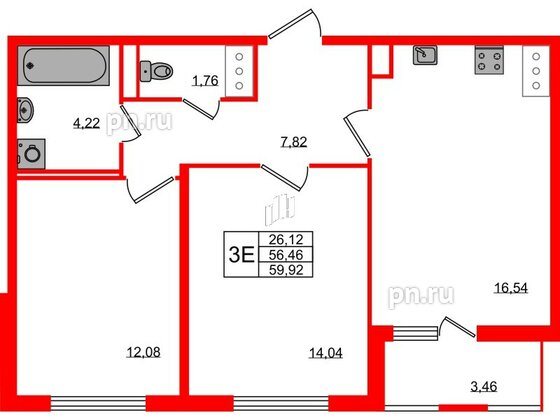 Квартира в ЖК ЯСНО.ЯНИНО, 2 комнатная, 56.46 м², 2 этаж