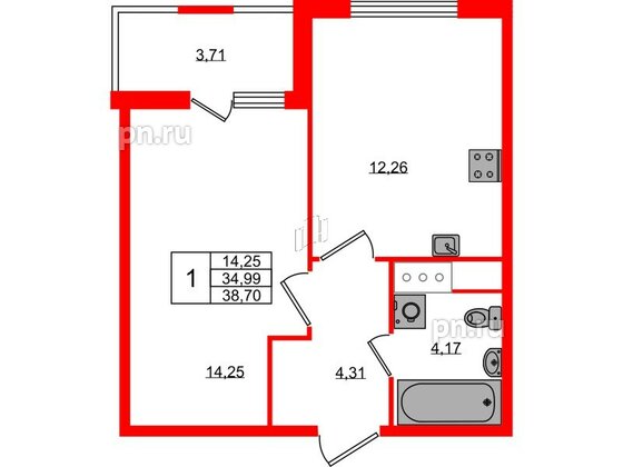 Квартира в ЖК ЯСНО.ЯНИНО, 1 комнатная, 34.99 м², 2 этаж