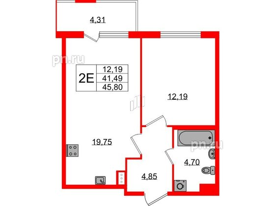 Квартира в ЖК ЯСНО.ЯНИНО, 1 комнатная, 41.49 м², 1 этаж