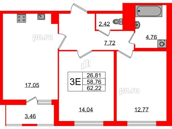 Квартира в ЖК ЯСНО.ЯНИНО, 2 комнатная, 58.76 м², 1 этаж