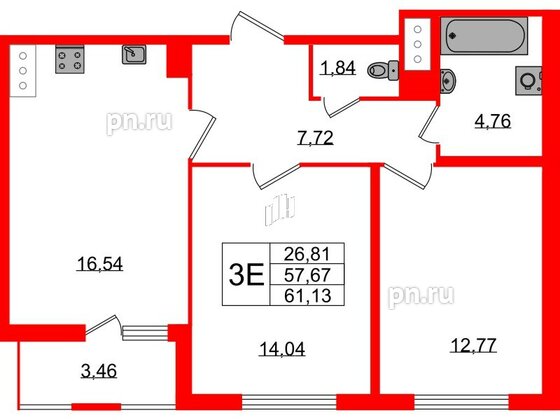 Квартира в ЖК ЯСНО.ЯНИНО, 2 комнатная, 57.67 м², 2 этаж