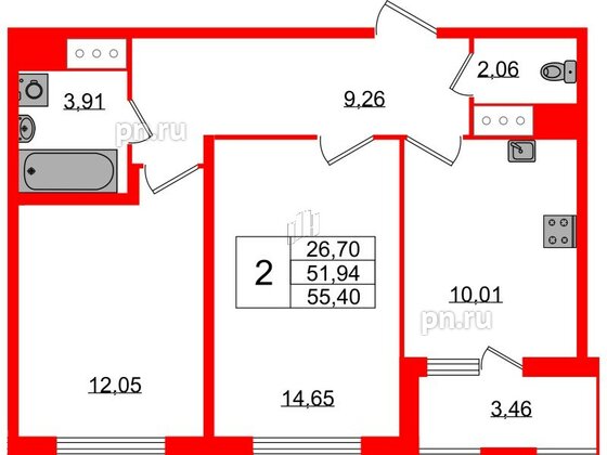 Квартира в ЖК ЯСНО.ЯНИНО, 2 комнатная, 51.94 м², 2 этаж