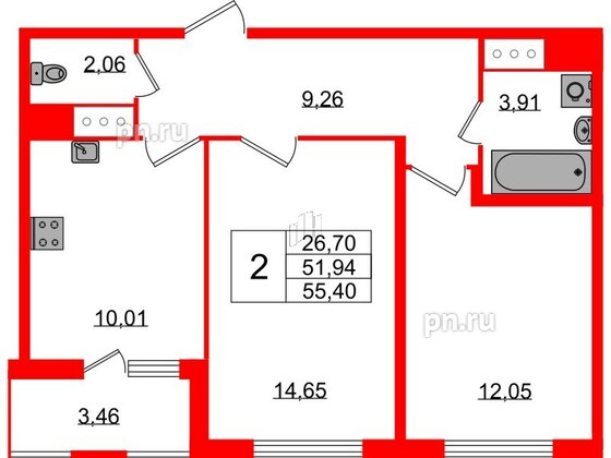 Квартира в ЖК ЯСНО.ЯНИНО, 2 комнатная, 51.94 м², 3 этаж