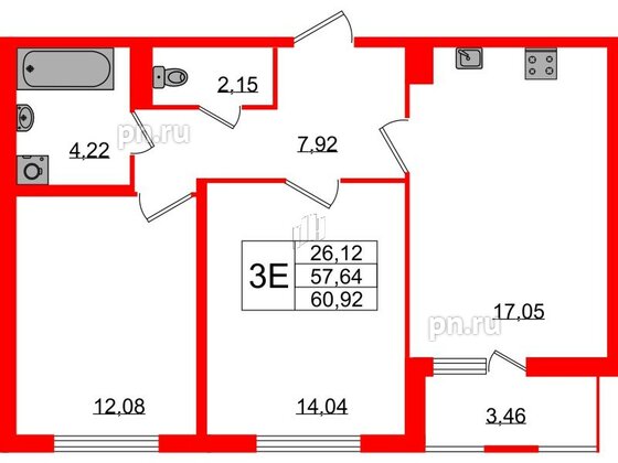 Квартира в ЖК ЯСНО.ЯНИНО, 2 комнатная, 57.46 м², 1 этаж