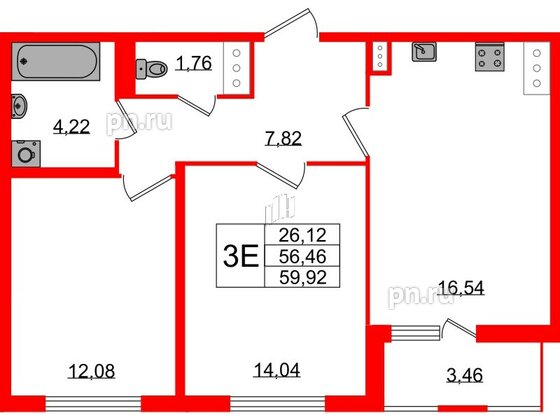 Квартира в ЖК ЯСНО.ЯНИНО, 2 комнатная, 56.46 м², 3 этаж