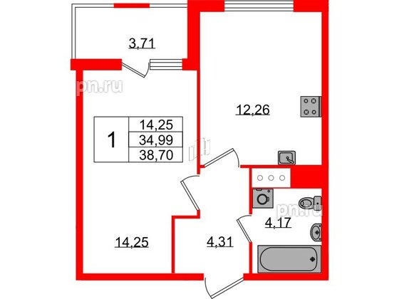 Квартира в ЖК ЯСНО.ЯНИНО, 1 комнатная, 34.99 м², 2 этаж