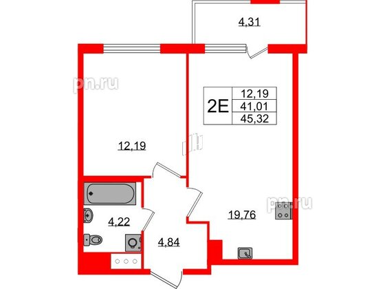 Квартира в ЖК ЯСНО.ЯНИНО, 1 комнатная, 41.01 м², 2 этаж