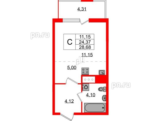 Квартира в ЖК ЯСНО.ЯНИНО, студия, 24.37 м², 3 этаж