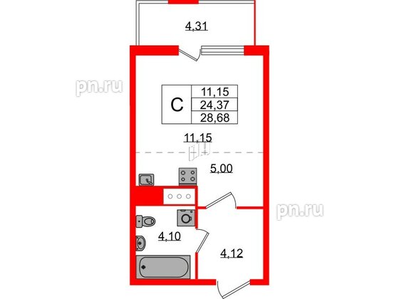 Квартира в ЖК ЯСНО.ЯНИНО, студия, 24.37 м², 2 этаж