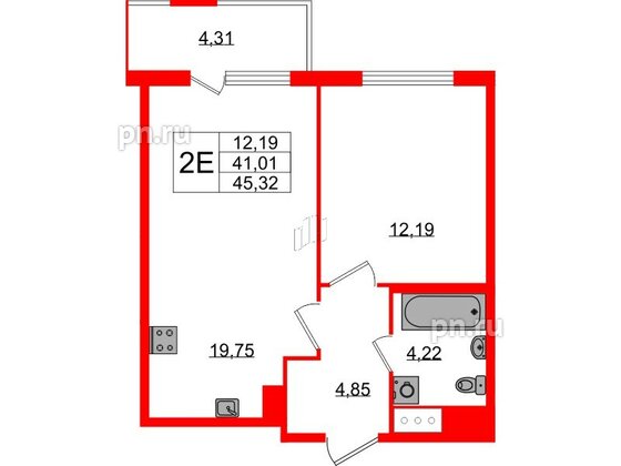 Квартира в ЖК ЯСНО.ЯНИНО, 1 комнатная, 41.01 м², 4 этаж