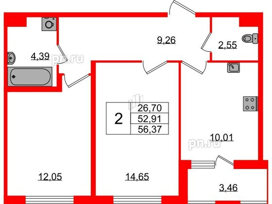 Квартира в ЖК ЯСНО.ЯНИНО, 2 комнатная, 52.91 м², 1 этаж