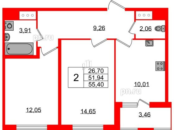 Квартира в ЖК ЯСНО.ЯНИНО, 2 комнатная, 51.94 м², 3 этаж