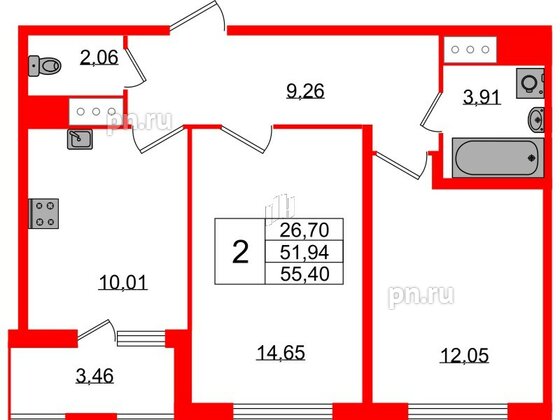 Квартира в ЖК ЯСНО.ЯНИНО, 2 комнатная, 51.94 м², 5 этаж