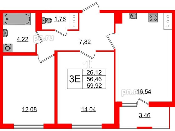 Квартира в ЖК ЯСНО.ЯНИНО, 2 комнатная, 56.46 м², 2 этаж