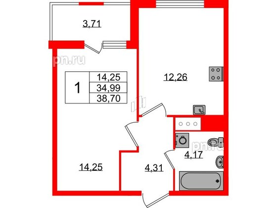 Квартира в ЖК ЯСНО.ЯНИНО, 1 комнатная, 34.99 м², 2 этаж