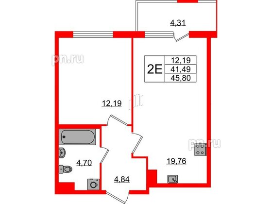 Квартира в ЖК ЯСНО.ЯНИНО, 1 комнатная, 41.49 м², 1 этаж