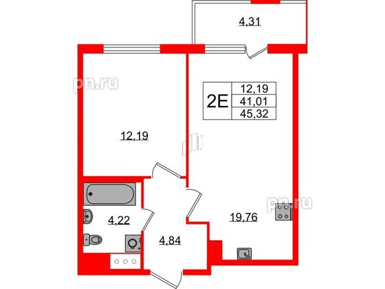 Квартира в ЖК ЯСНО.ЯНИНО, 1 комнатная, 41.01 м², 2 этаж