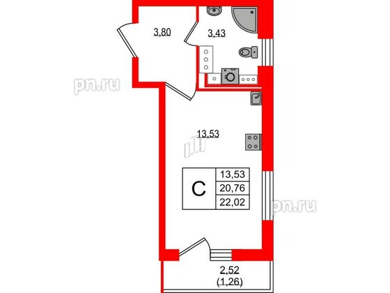 Квартира в ЖК Master Place, студия, 22.02 м², 12 этаж