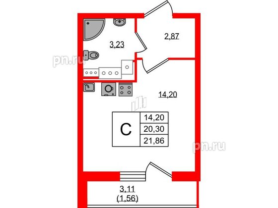 Квартира в ЖК Master Place, студия, 21.86 м², 14 этаж