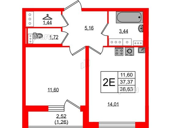 Квартира в ЖК Master Place, 1 комнатная, 38.63 м², 13 этаж