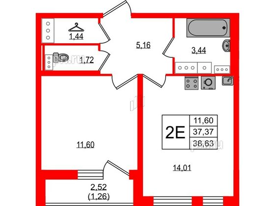 Квартира в ЖК Master Place, 1 комнатная, 38.63 м², 16 этаж