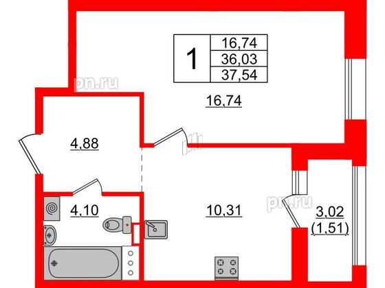 Квартира в ЖК Аквилон Leaves, 1 комнатная, 37.54 м², 9 этаж