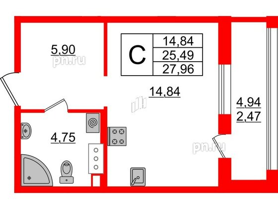 Квартира в ЖК Аквилон Leaves, студия, 27.88 м², 3 этаж