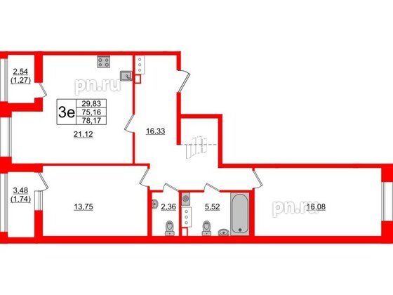 Квартира в ЖК Аквилон Leaves, 2 комнатная, 78.17 м², 2 этаж