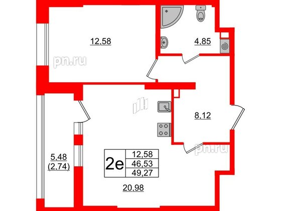 Квартира в ЖК Аквилон Leaves, 1 комнатная, 49.27 м², 1 этаж