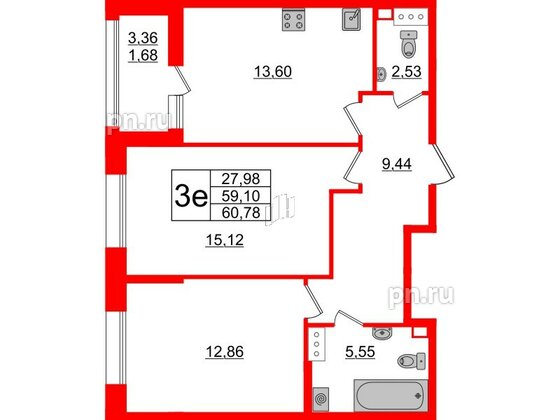 Квартира в ЖК Аквилон Leaves, 2 комнатная, 60.78 м², 12 этаж