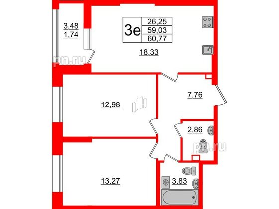 Квартира в ЖК Аквилон Leaves, 2 комнатная, 60.77 м², 1 этаж