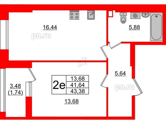 Квартира в ЖК Аквилон Leaves, 1 комнатная, 43.38 м², 1 этаж