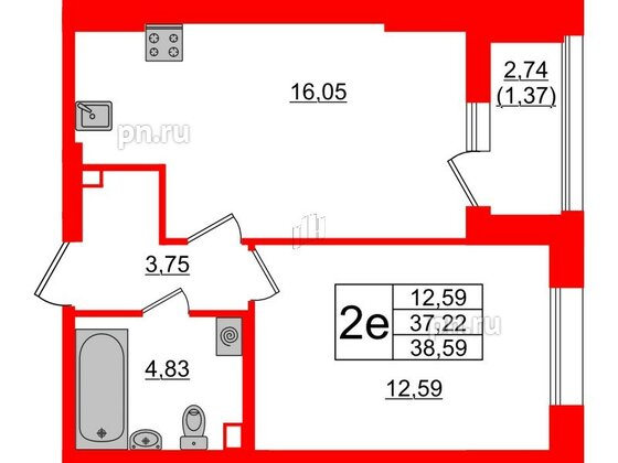 Квартира в ЖК Аквилон Leaves, 1 комнатная, 38.59 м², 1 этаж