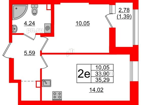 Квартира в ЖК Аквилон Leaves, 1 комнатная, 35.29 м², 1 этаж
