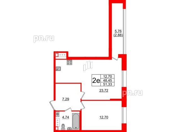 Квартира в ЖК Аквилон Leaves, 1 комнатная, 51.33 м², 10 этаж