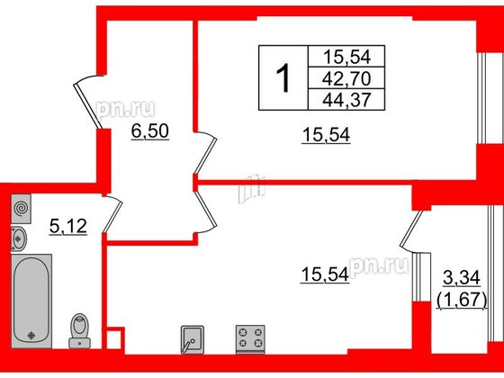 Квартира в ЖК Аквилон Leaves, 1 комнатная, 44.37 м², 1 этаж