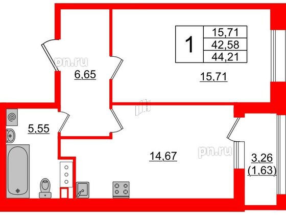 Квартира в ЖК Аквилон Leaves, 1 комнатная, 44.21 м², 2 этаж