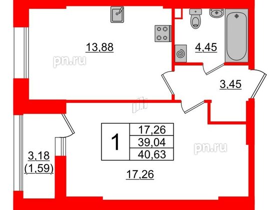 Квартира в ЖК Аквилон Leaves, 1 комнатная, 40.63 м², 1 этаж