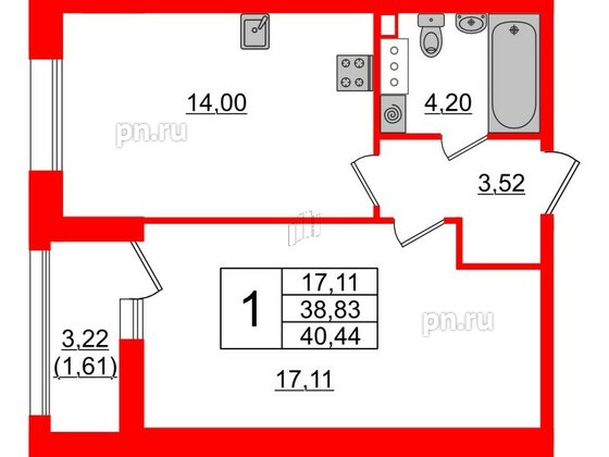 Квартира в ЖК Аквилон Leaves, 1 комнатная, 40.44 м², 12 этаж