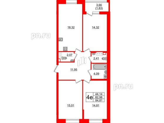 Квартира в ЖК Аквилон Leaves, 3 комнатная, 84.81 м², 7 этаж