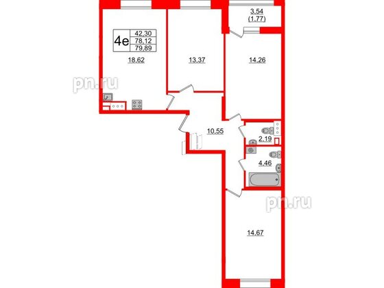 Квартира в ЖК Аквилон Leaves, 3 комнатная, 79.89 м², 8 этаж