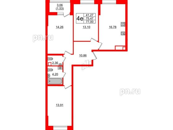 Квартира в ЖК Аквилон Leaves, 3 комнатная, 77 м², 1 этаж