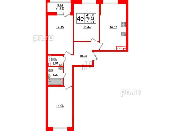 Квартира в ЖК Аквилон Leaves, 3 комнатная, 77.24 м², 2 этаж