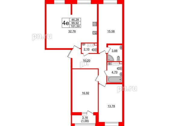 Квартира в ЖК Аквилон Leaves, 3 комнатная, 101.5 м², 3 этаж