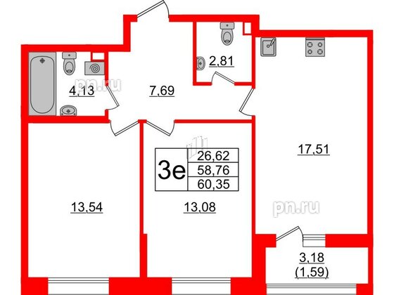 Квартира в ЖК Аквилон Leaves, 2 комнатная, 60.35 м², 2 этаж