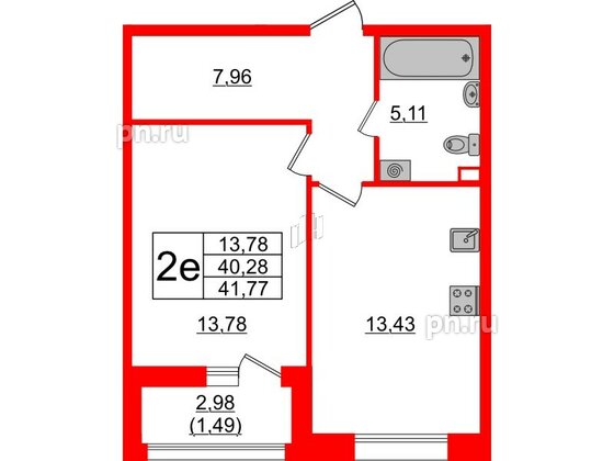 Квартира в ЖК Аквилон Leaves, 1 комнатная, 41.77 м², 2 этаж