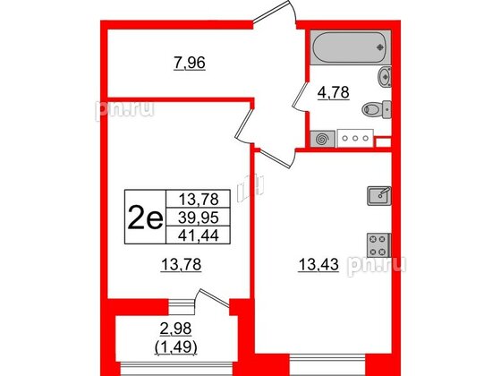 Квартира в ЖК Аквилон Leaves, 1 комнатная, 41.44 м², 3 этаж