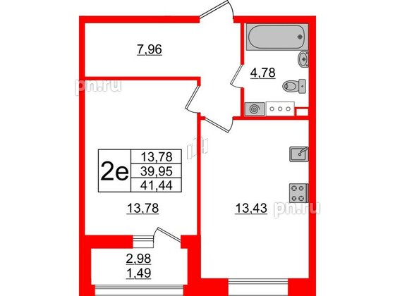 Квартира в ЖК Аквилон Leaves, 1 комнатная, 41.44 м², 8 этаж