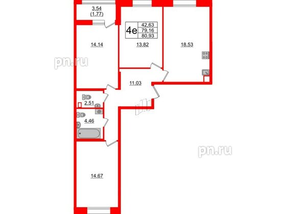 Квартира в ЖК Аквилон Leaves, 3 комнатная, 80.93 м², 2 этаж