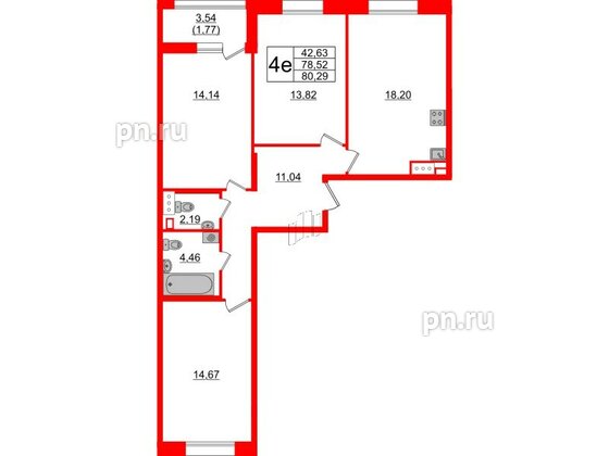 Квартира в ЖК Аквилон Leaves, 3 комнатная, 80.29 м², 3 этаж